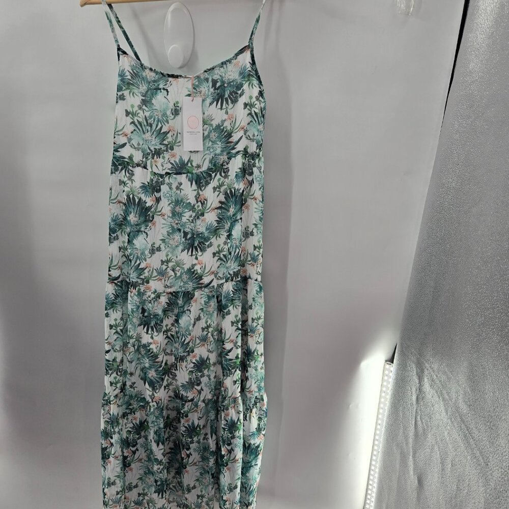 Vanessa Zani White Green Floral Made in Italy Cami Tiered Cami Maxi Dress Medium